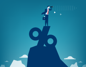 cartoon business man standing on top of a percent sign on top of a mountain holding binoculars